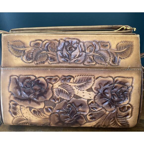 Vtg 70s Purse Leather Hand Tooled Brown Mexican Handbag Roses Floral Embossed - Picture 1 of 12